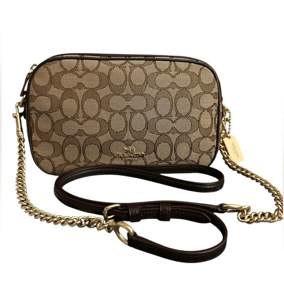Coach Isla Chain Crossbody In Signature Jacquard in Khaki/Brown/Light Gold - Picture 1 of 10